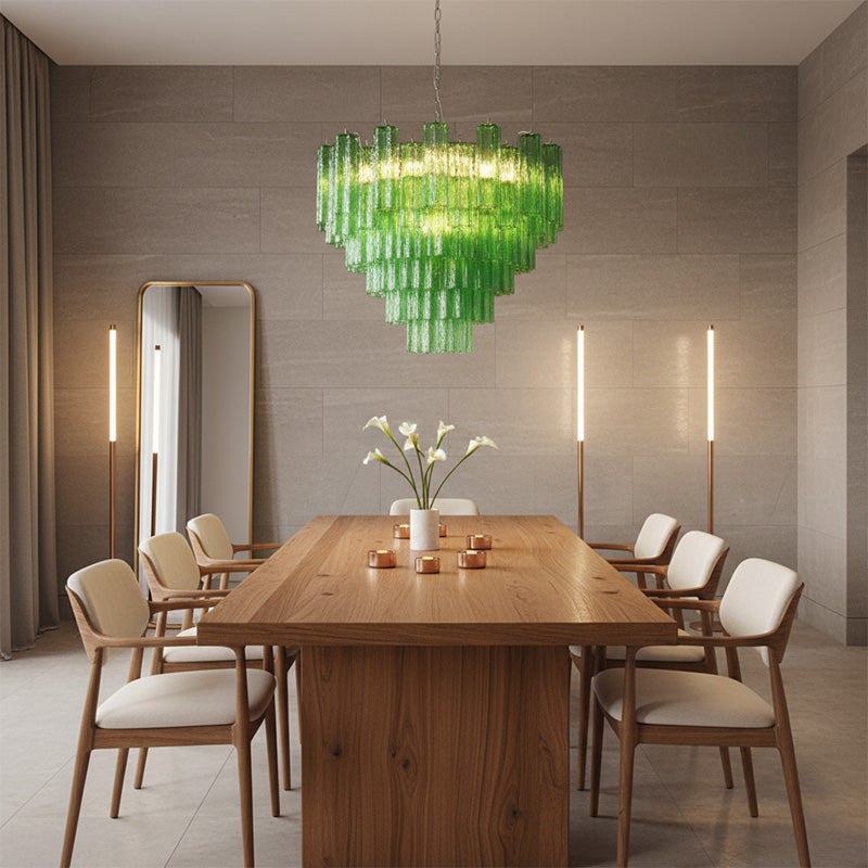 Green Murano-Style Tiered Glass Tube Chandelier Modern Artistic Statement Cascading Pendant Light