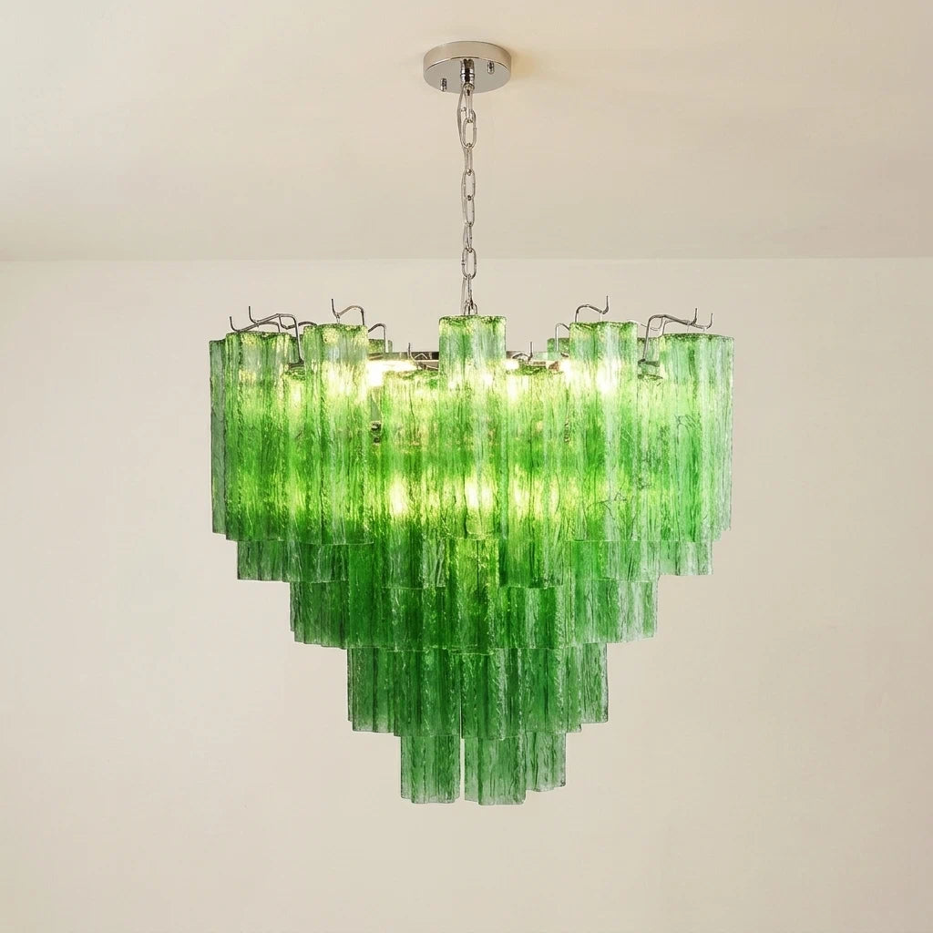 Grüner, mehrstufiger Kronleuchter aus Glasröhren im Murano-Stil, moderne, künstlerische Statement-Hängeleuchte in Kaskadenform