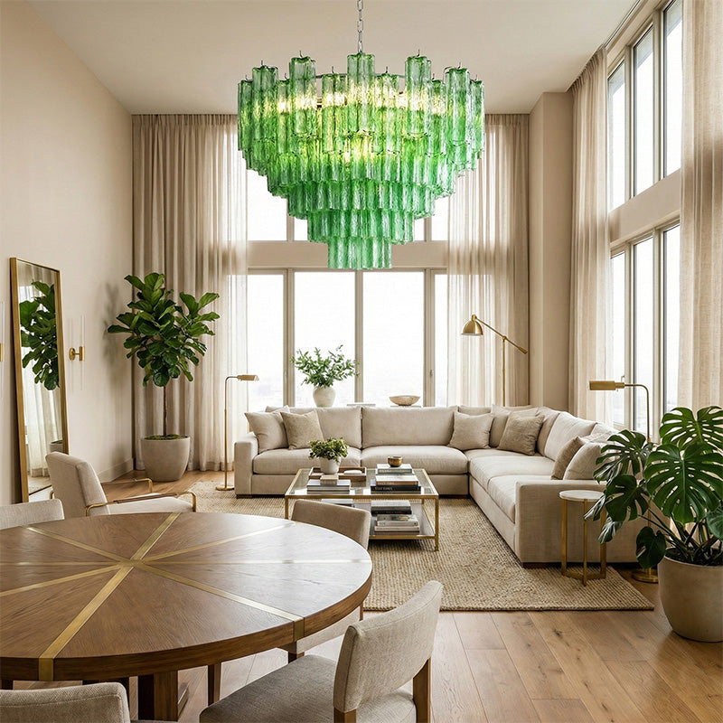 Green Murano-Style Tiered Glass Tube Chandelier Modern Artistic Statement Cascading Pendant Light