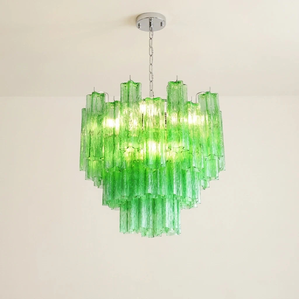 Grüner, mehrstufiger Kronleuchter aus Glasröhren im Murano-Stil, moderne, künstlerische Statement-Hängeleuchte in Kaskadenform