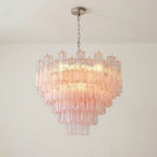 Murano-Style Light Pink Tiered Glass Tube Chandelier Luxury Cascading Sculptural Pendant Lighting