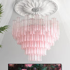 Murano-Style Light Pink Tiered Glass Tube Chandelier Luxury Cascading Sculptural Pendant Lighting