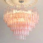 Murano-Style Light Pink Tiered Glass Tube Chandelier Luxury Cascading Sculptural Pendant Lighting