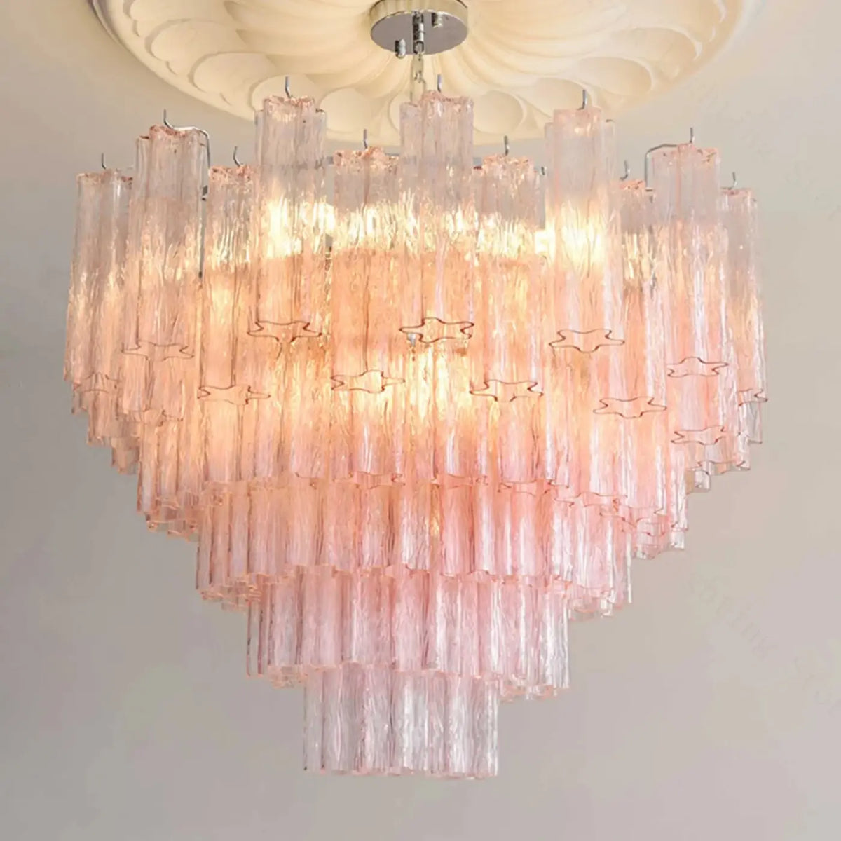 Murano-Style Light Pink Tiered Glass Tube Chandelier Luxury Cascading Sculptural Pendant Lighting