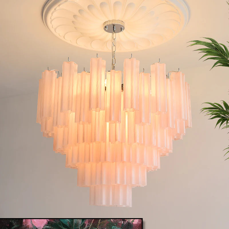 Pink Murano-Style Tiered Frosted Glass Tube Chandelier Luxury Modern Statement Cascading Pendant Light
