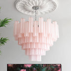 Pink Murano-Style Tiered Frosted Glass Tube Chandelier Luxury Modern Statement Cascading Pendant Light