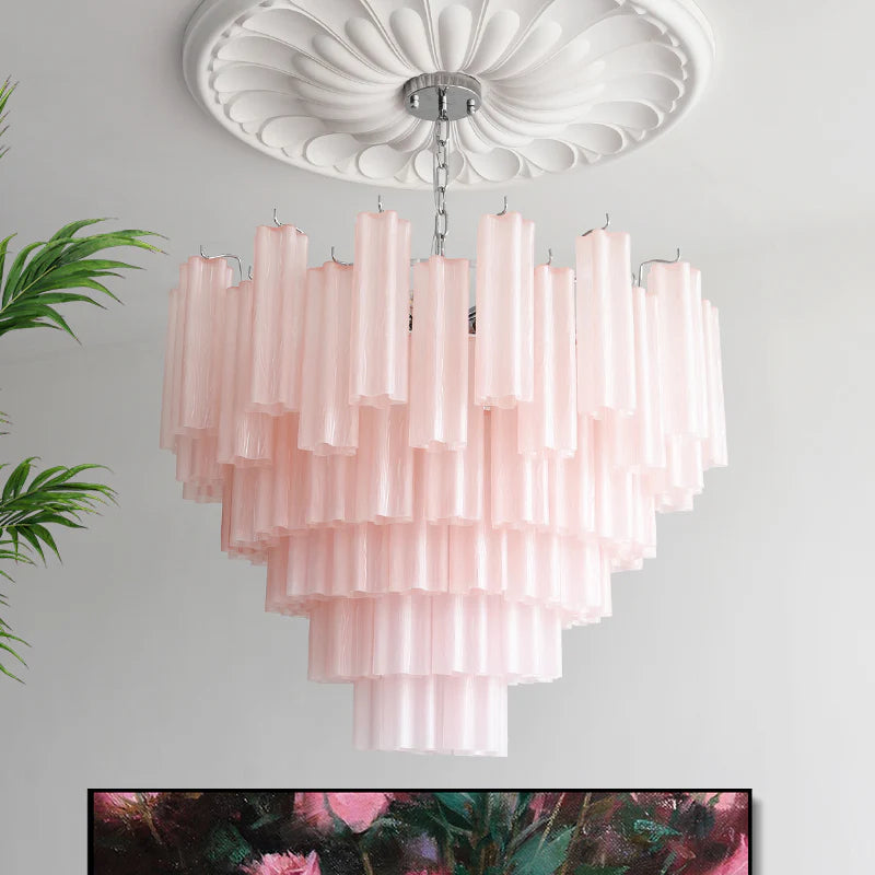 Pink Murano-Style Tiered Frosted Glass Tube Chandelier Luxury Modern Statement Cascading Pendant Light