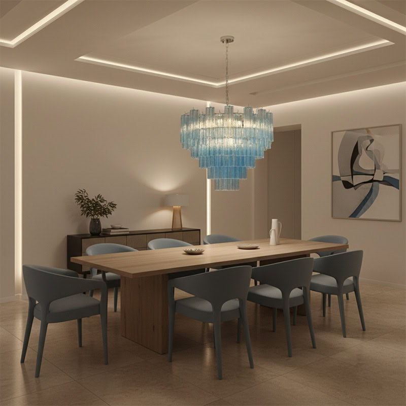 Murano-Style Sky Blue Tiered Glass Tube Chandelier Modern Luxury Sculptural Cascading Pendant Light