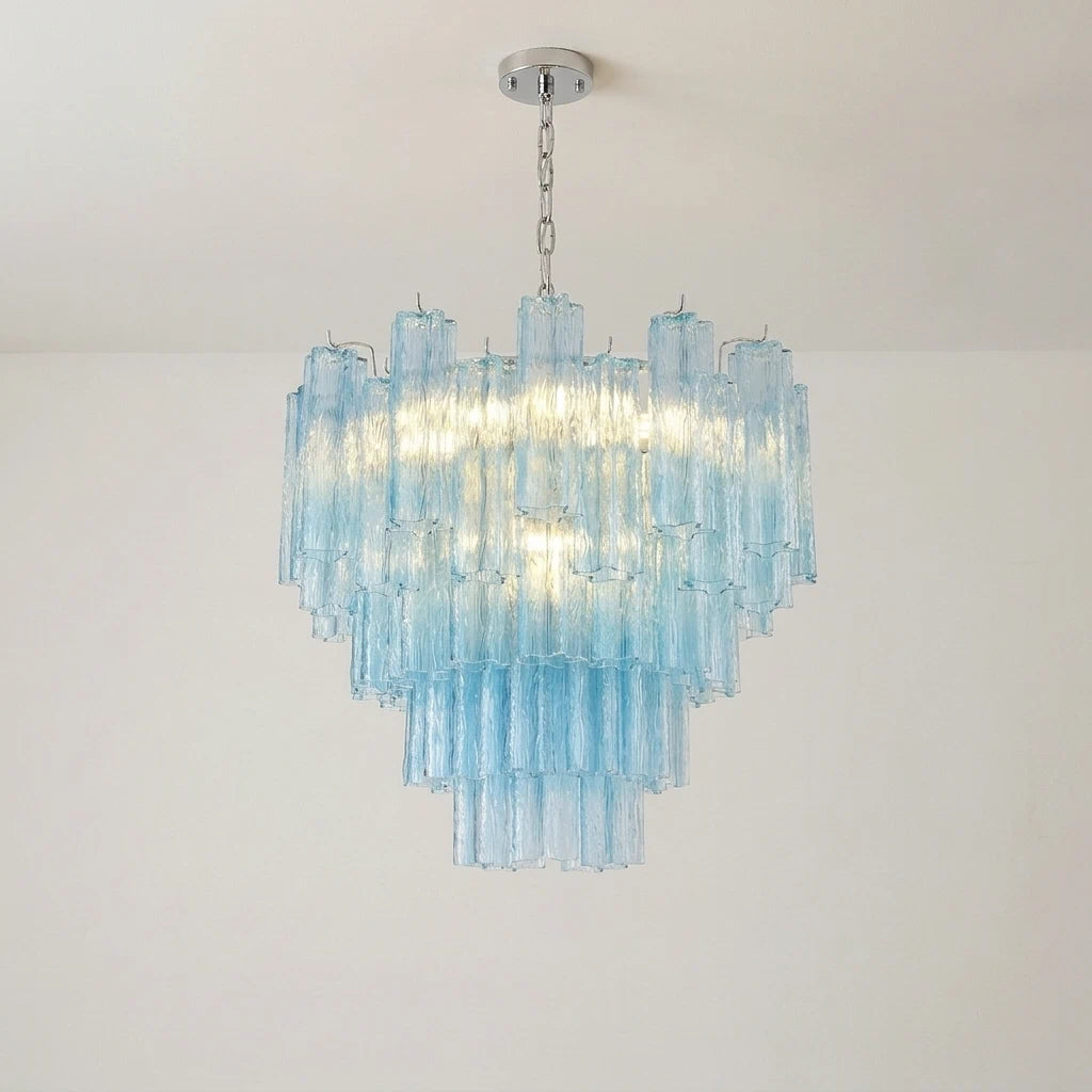 Kronleuchter aus himmelblauen Glasröhren im Murano-Stil, moderner luxuriöser skulpturaler Kaskaden-Pendelleuchter