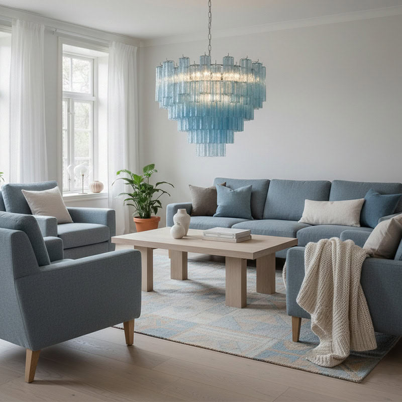 Murano-Style Sky Blue Tiered Glass Tube Chandelier Modern Luxury Sculptural Cascading Pendant Light