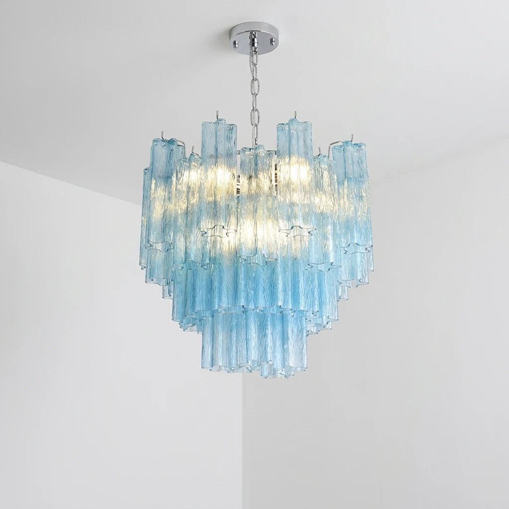 Kronleuchter aus himmelblauen Glasröhren im Murano-Stil, moderner luxuriöser skulpturaler Kaskaden-Pendelleuchter