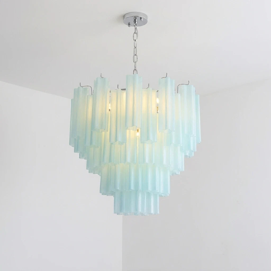 Kronleuchter aus blauem, satiniertem Glas in Murano-Optik mit gestuften Röhren, moderne luxuriöse kaskadierende Designer-Hängeleuchte