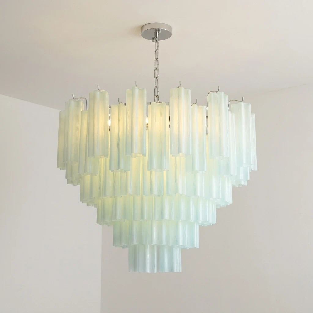 Kronleuchter aus blauem, satiniertem Glas in Murano-Optik mit gestuften Röhren, moderne luxuriöse kaskadierende Designer-Hängeleuchte