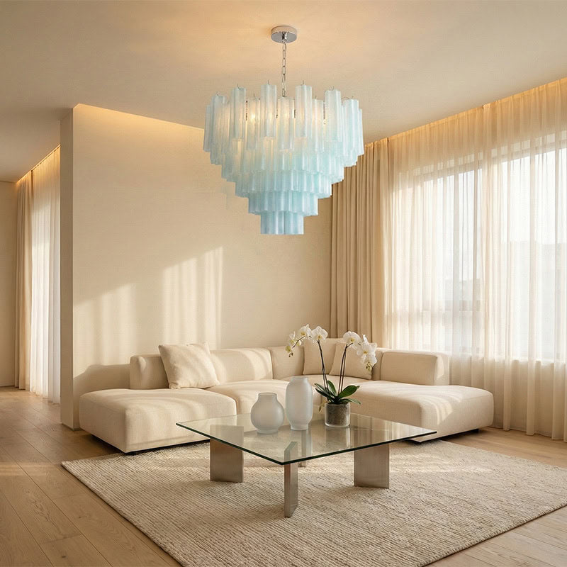 Murano-Style Blue Tiered Frosted Glass Tube Chandelier Modern Luxury Cascading Art Pendant Light