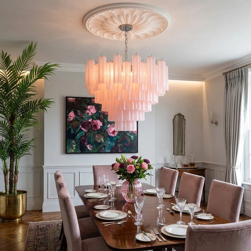 Pink Murano-Style Tiered Frosted Glass Tube Chandelier Luxury Modern Statement Cascading Pendant Light