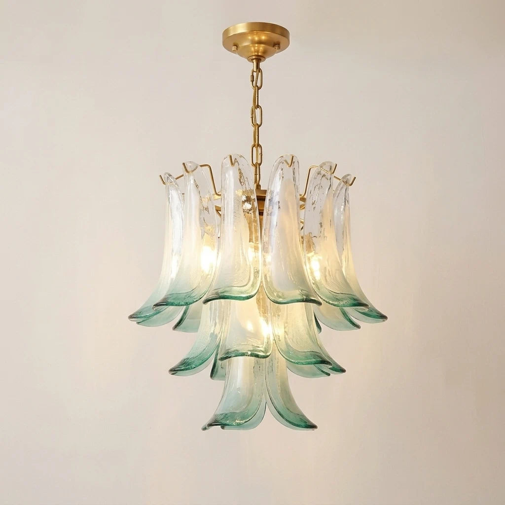 Murano-Style Green and Clear Glass Petal Chandelier Multi-Tier Floral Pendant Light