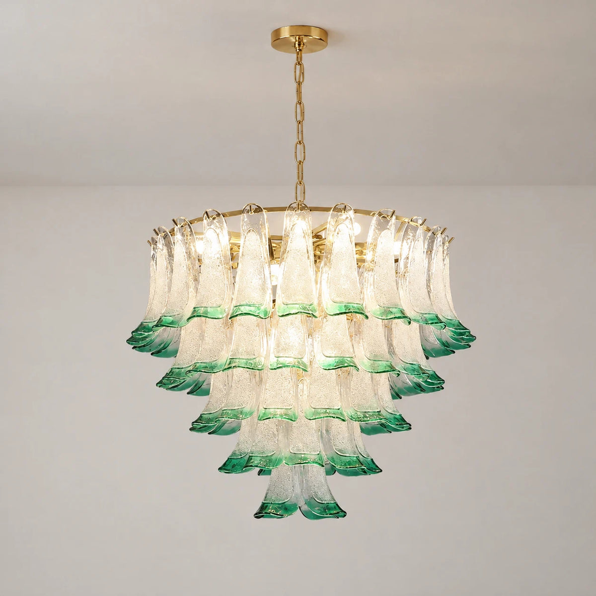 Murano-Style Green and Clear Glass Petal Chandelier Multi-Tier Floral Pendant Light