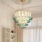Murano-Style Green and Clear Glass Petal Chandelier Multi-Tier Floral Pendant Light
