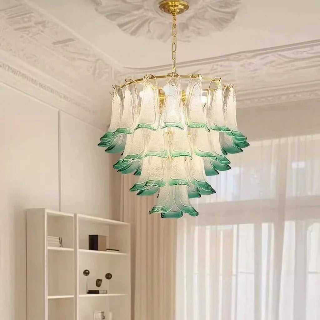 Murano-Style Green and Clear Glass Petal Chandelier Multi-Tier Floral Pendant Light