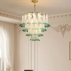Murano-Style Green and Clear Glass Petal Chandelier Multi-Tier Floral Pendant Light