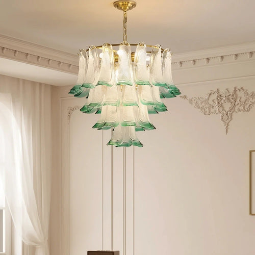 Murano-Style Green and Clear Glass Petal Chandelier Multi-Tier Floral Pendant Light