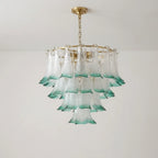 Murano-Style Green and Clear Glass Petal Chandelier Multi-Tier Floral Pendant Light