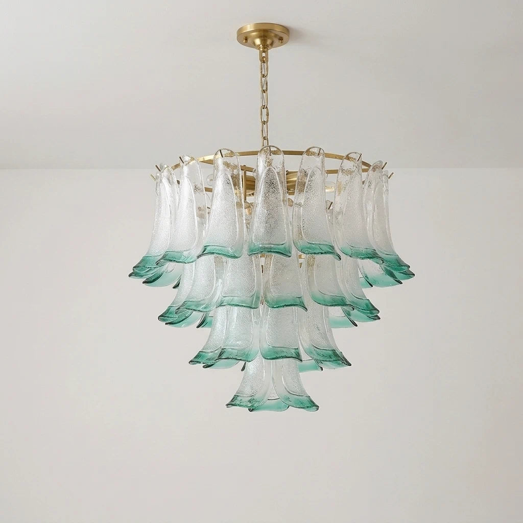Murano-Style Green and Clear Glass Petal Chandelier Multi-Tier Floral Pendant Light