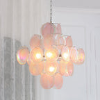 Modern Pink and Purple Glass Disc Tiered Chandelier Iridescent Glass Art Round Disk Pendant Light
