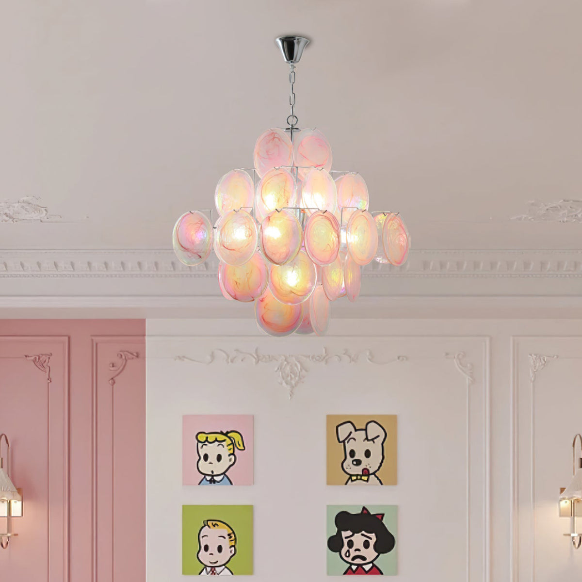 Modern Pink and Purple Glass Disc Tiered Chandelier Iridescent Glass Art Round Disk Pendant Light