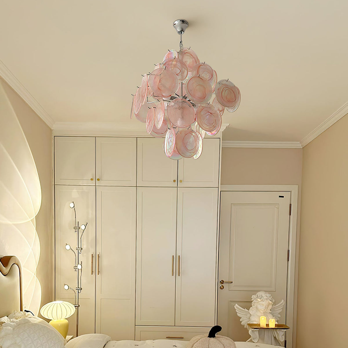 Modern Pink and Purple Glass Disc Tiered Chandelier Iridescent Glass Art Round Disk Pendant Light