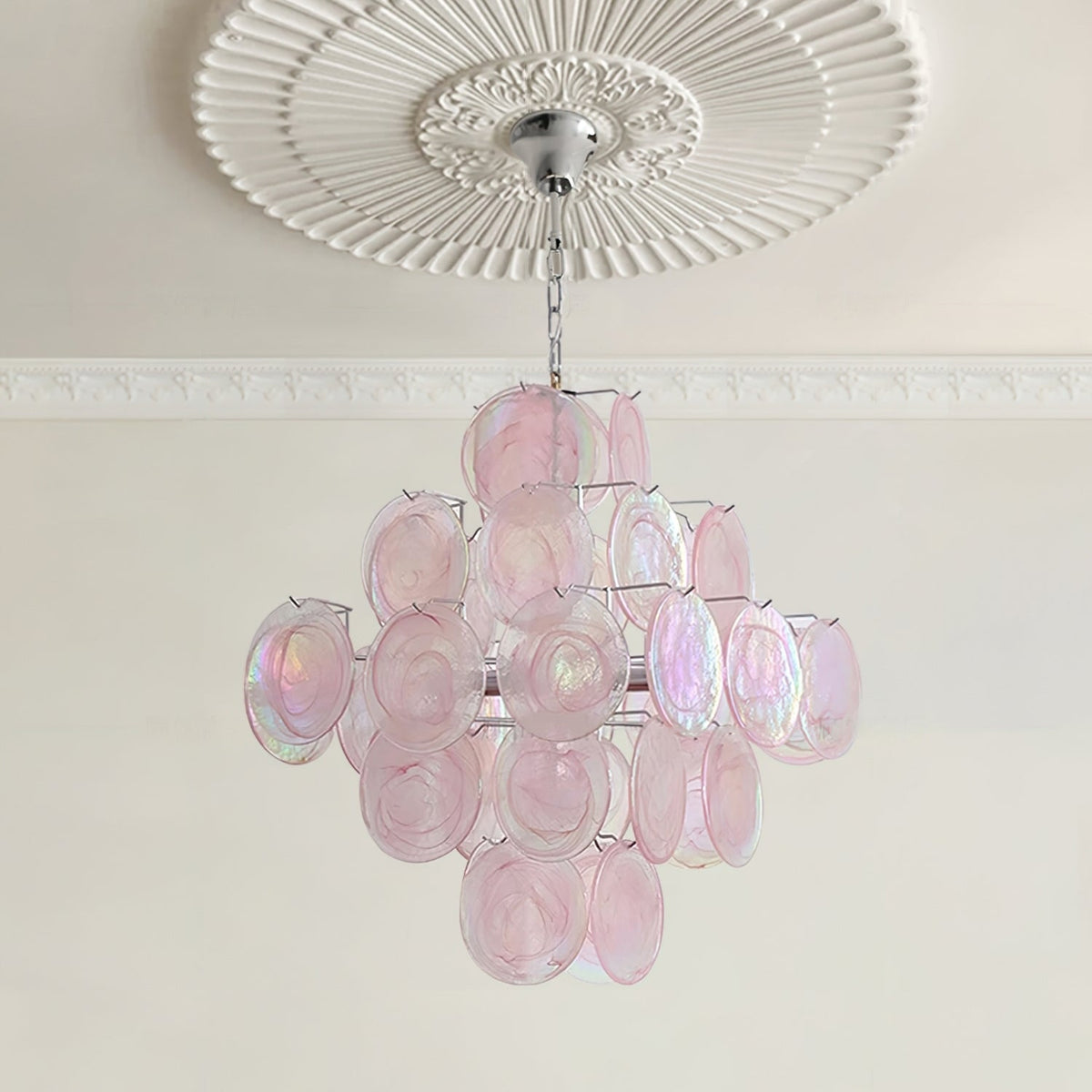 Modern Pink and Purple Glass Disc Tiered Chandelier Iridescent Glass Art Round Disk Pendant Light