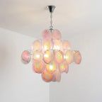 Modern Pink and Purple Glass Disc Tiered Chandelier Iridescent Glass Art Round Disk Pendant Light