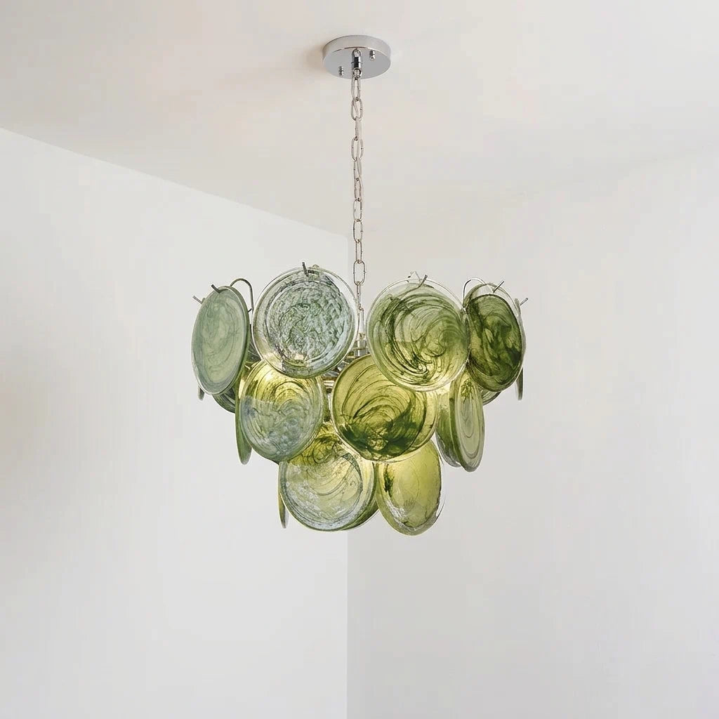 Grüner Glas-Kronleuchter im Murano-Stil, mehrstufiger Kronleuchter Verde Lelaina, künstlerische, mehrlagige Scheiben-Pendelleuchte