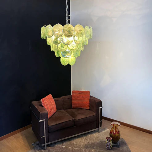 Grüner Glas-Kronleuchter im Murano-Stil, mehrstufiger Kronleuchter Verde Lelaina, künstlerische, mehrlagige Scheiben-Pendelleuchte