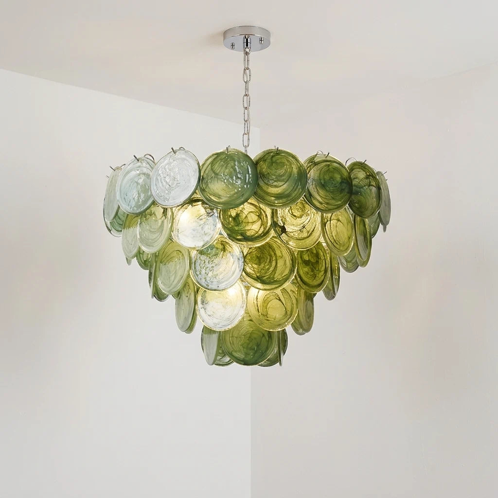Grüner Glas-Kronleuchter im Murano-Stil, mehrstufiger Kronleuchter Verde Lelaina, künstlerische, mehrlagige Scheiben-Pendelleuchte