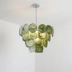 Grüner Glas-Kronleuchter im Murano-Stil, mehrstufiger Kronleuchter Verde Lelaina, künstlerische, mehrlagige Scheiben-Pendelleuchte