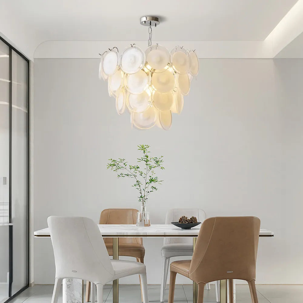 Modern Murano Cream White Glass Disc Chandelier Elegant Cascading Tiered Circular Glass Disk Pendant Light