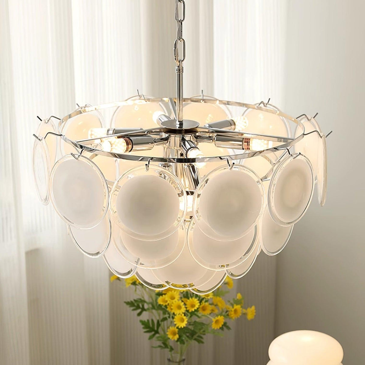 Modern Murano Cream White Glass Disc Chandelier Elegant Cascading Tiered Circular Glass Disk Pendant Light