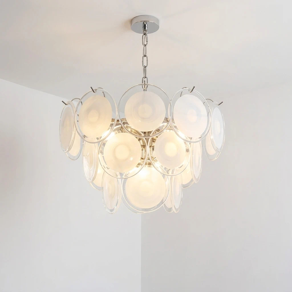 Modern Murano Cream White Glass Disc Chandelier Elegant Cascading Tiered Circular Glass Disk Pendant Light