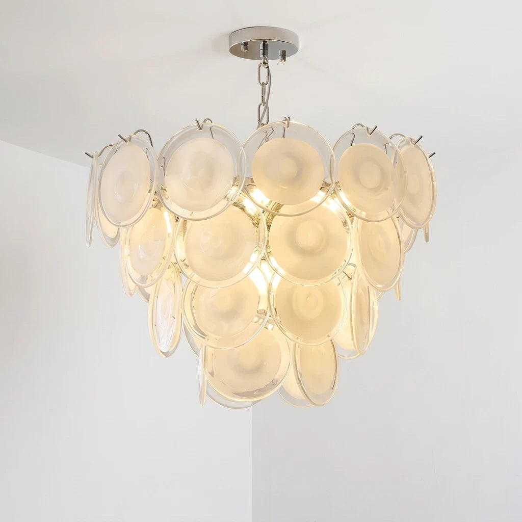 Modern Murano Cream White Glass Disc Chandelier Elegant Cascading Tiered Circular Glass Disk Pendant Light