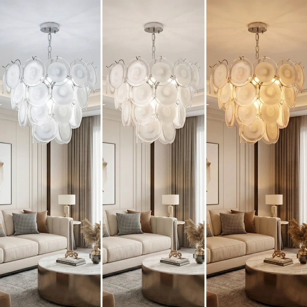 Modern Murano Cream White Glass Disc Chandelier Elegant Cascading Tiered Circular Glass Disk Pendant Light