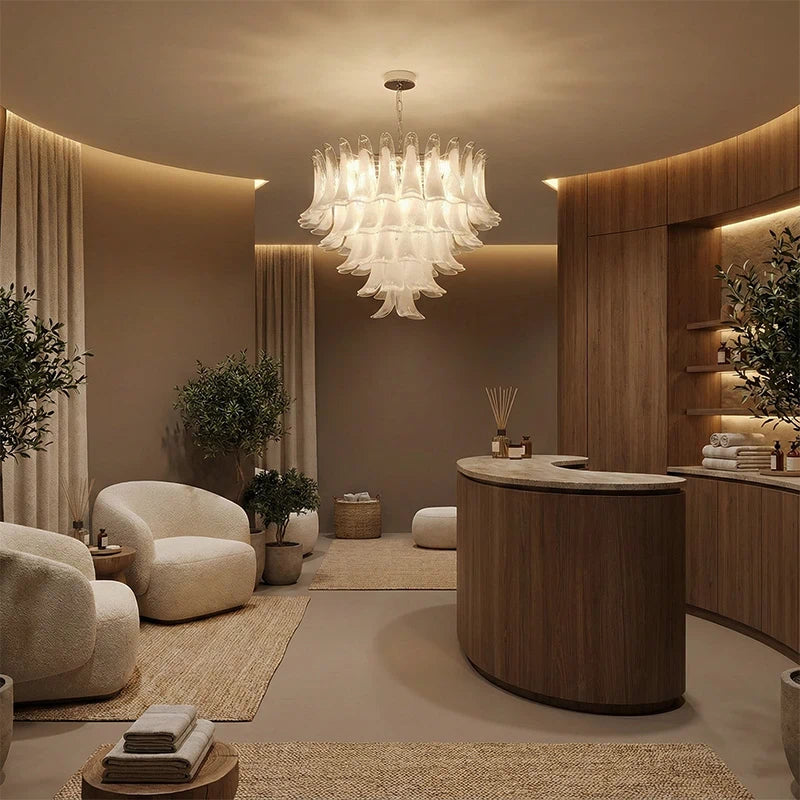 Murano-Style White Art Glass Petal Chandelier Aloa Decor Multi-Tier Floral Cluster Pendant Light