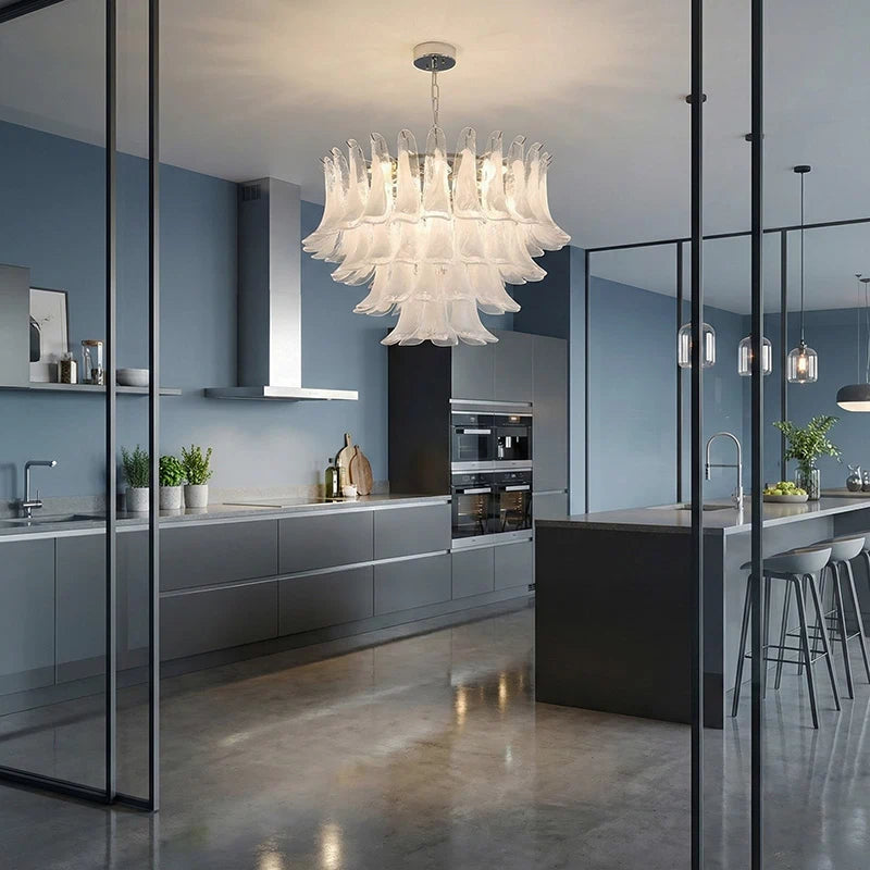 Murano-Style White Art Glass Petal Chandelier Aloa Decor Multi-Tier Floral Cluster Pendant Light