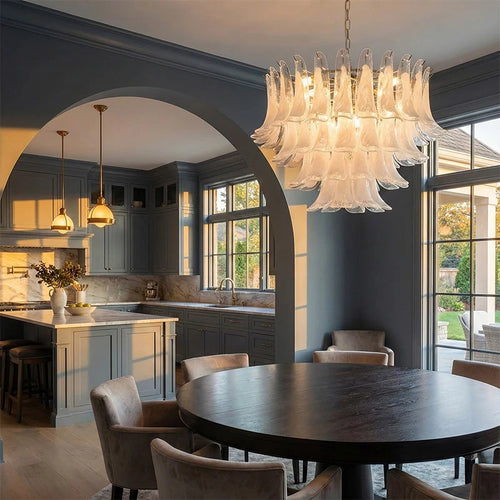 Murano-Style White Art Glass Petal Chandelier Aloa Decor Multi-Tier Floral Cluster Pendant Light