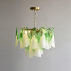 Foliage Ombre Green and White Glass Petal Chandelier Murano-Style Tiered Floral Pendant Light