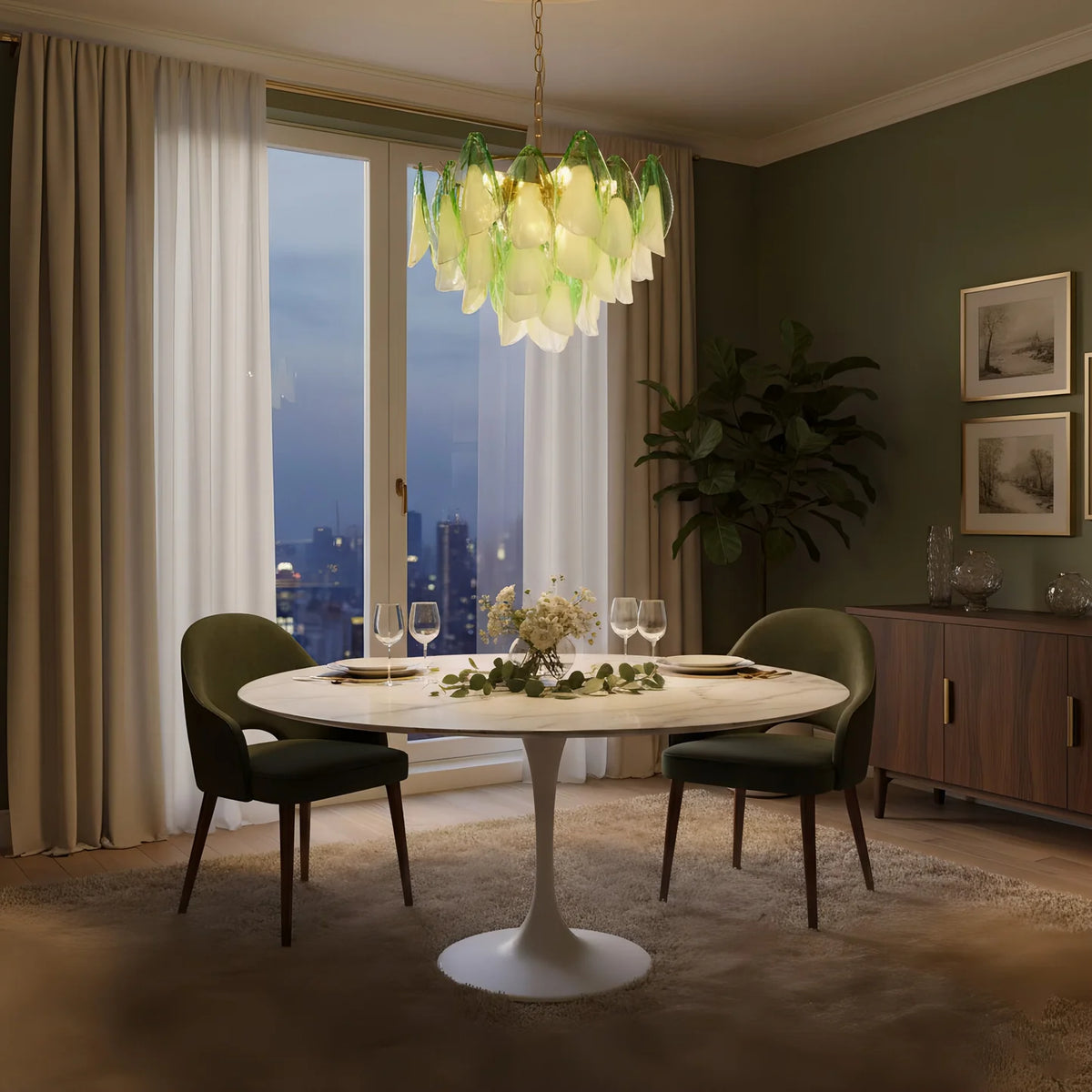 Foliage Ombre Green and White Glass Petal Chandelier Murano-Style Tiered Floral Pendant Light