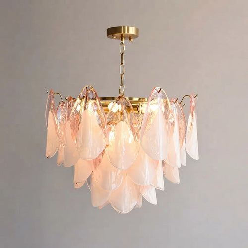 Foliage Ombre rosa-weißer Kronleuchter mit Glasblütenblättern, mehrstufige florale Hängeleuchte im Murano-Stil
