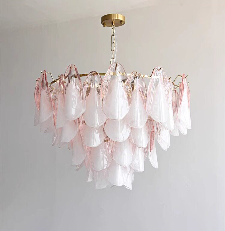 Foliage Ombre rosa-weißer Kronleuchter mit Glasblütenblättern, mehrstufige florale Hängeleuchte im Murano-Stil