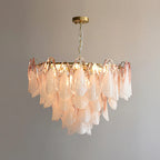 Foliage Ombre rosa-weißer Kronleuchter mit Glasblütenblättern, mehrstufige florale Hängeleuchte im Murano-Stil