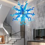 Hand Blown Blue Glass Chandelier Starburst Art Deco Sculptural Ceiling Light for Entryway Dining